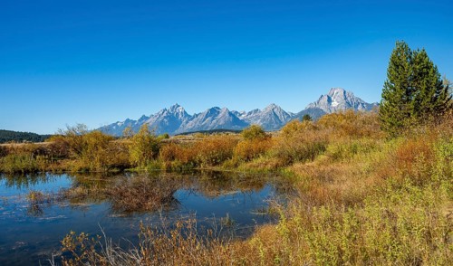 Mountain panorama with Mount Moran and Grand Teton