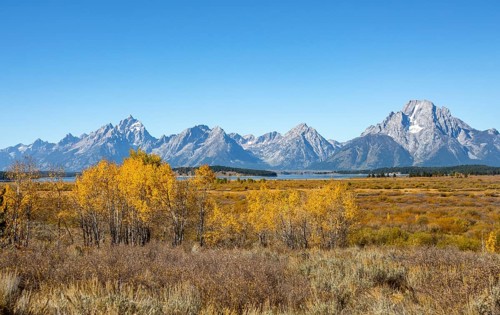 Mountain panorama with Mount Moran and Grand Teton peaks