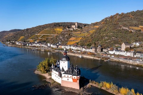 Aerial view of Zollburg Pfalzgrafenstein in the Rhine