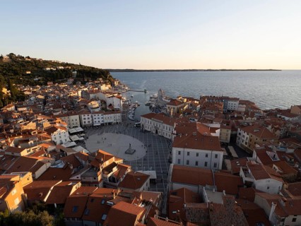 Tartini Square and the old town of Piran in the evening light