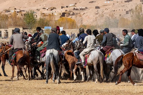 Men practising a traditional Buzkashi game