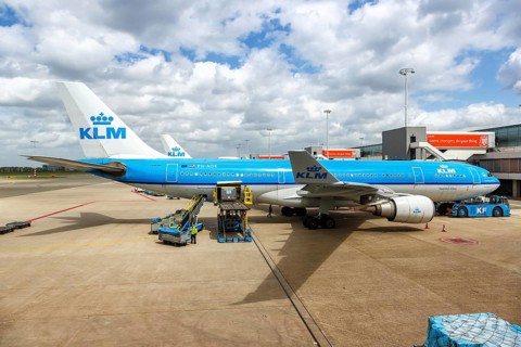 An Airbus A330-200 aircraft of KLM Royal Dutch Airlines with registration PH-AOE at Amsterdam Schiphol Airport