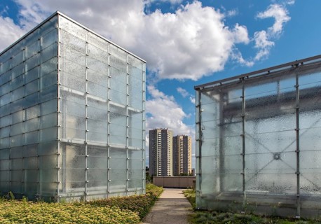 Modernist Osiedle Gwiazdy estate and light cubes of New Silesian Museum
