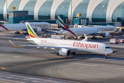 An Ethiopian Airlines Airbus A350-900 with registration number ET-AYB at Dubai Airport