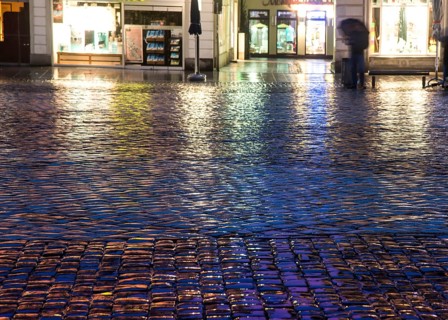 Wet and reflective cobblestones