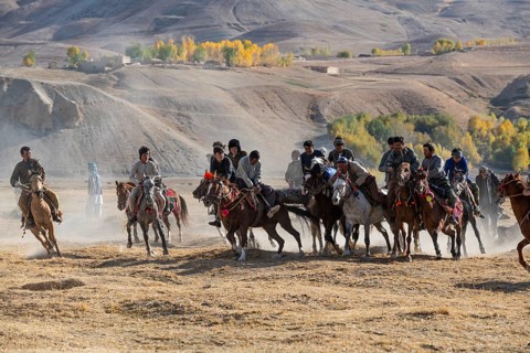 Men practising a traditional Buzkashi game