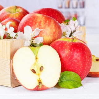 Apples Fruits red apple fruit in box with flowers square