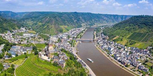 Town of Cochem on the Moselle River with Reichsburg Castle Panorama in Cochem