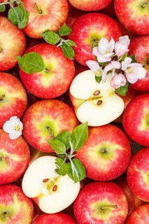 Apples Fruits red apple fruit with blossoms and leaves from above