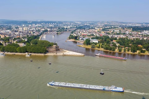 German Corner River Rhine Moselle with ships and cable car in Koblenz