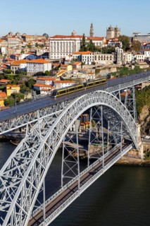 Porto with bridge Ponte Dom Luis I over river Douro and tramway travel city in Porto