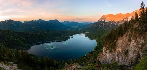 View over the Eibsee lake at sunset