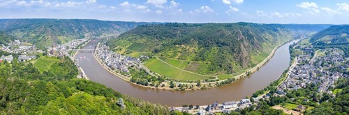 Town of Cochem on the Moselle River with Reichsburg Castle Panorama in Cochem