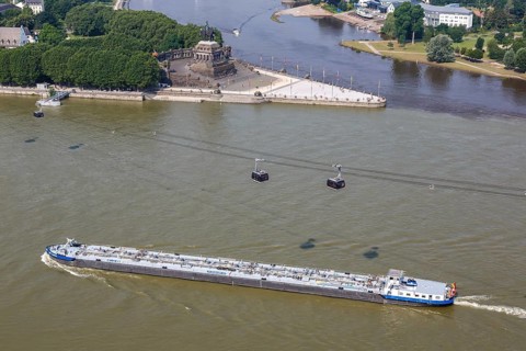 German Corner River Rhine Moselle with ship and cable car in Koblenz