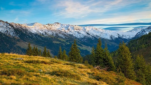 Autumnal mountain landscape with spruces