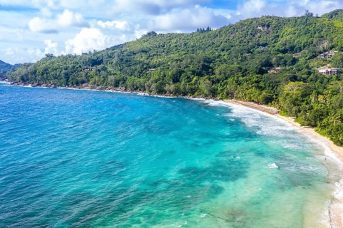 Takamaka Beach with Palm Trees Sea Ocean Drone Shot in Mahe