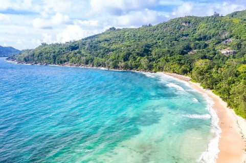 Takamaka Beach with Palm Trees Sea Ocean Drone Shot in Mahe