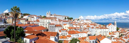 Portugal Travel City View of Old Town Alfama with Church Sao Vicente de Fora Panorama in Lisbon