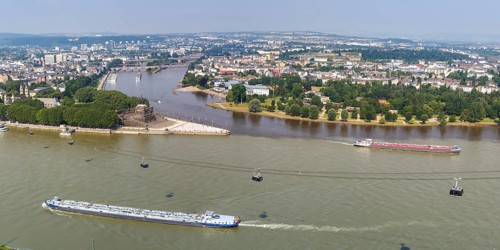 German Corner River Rhine Moselle with ships and cable car panorama in Koblenz