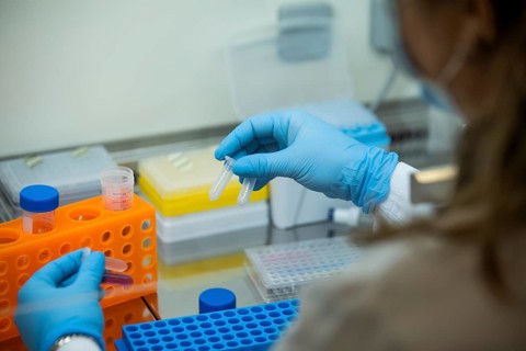 Medical laboratory assistant holding reaction vessels with samples