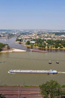 German Corner River Rhine Moselle with ships and cable car in Koblenz