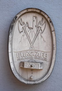 Wooden sign Burgcafe in Gemuenden am Main