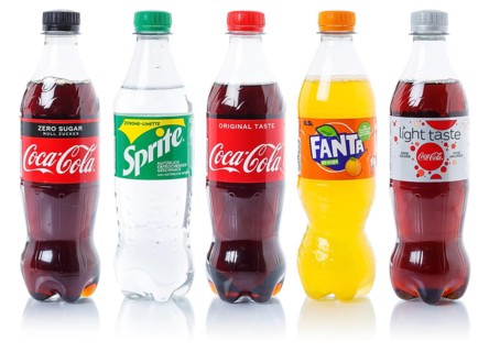 Coca Cola Coca-Cola Fanta Sprite products lemonade soft drink drinks in plastic bottles cut-out isolated against a white background