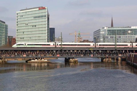ICE 4 train of Deutsche Bahn DB on the Oberhafen bridge in Hamburg