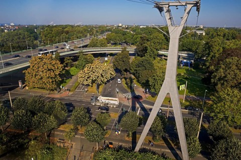 View from the gondola of the Rheinbahn