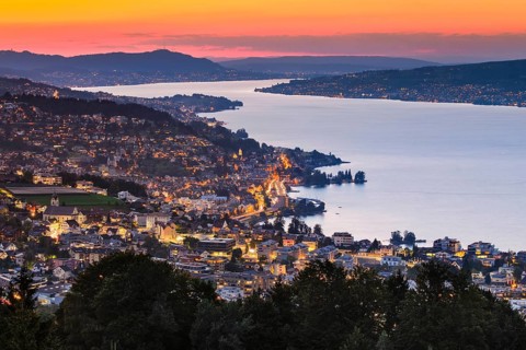 View at dusk from Feusisberg across Lake Zurich to Zurich