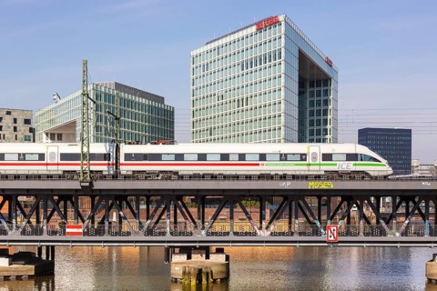 ICE T train of Deutsche Bahn DB on the Oberhafen bridge in Hamburg
