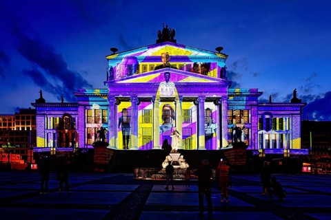 Konzerthaus Berlin Concert Hall and Schiller monument during the Festival of Lights