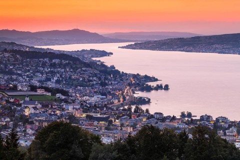 View at dusk from Feusisberg across Lake Zurich to Zurich