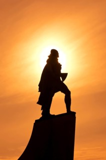 Statue of Leif Eriksson in the backlight