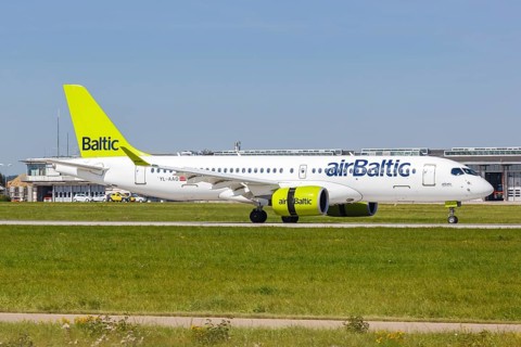 An Air Baltic Airbus A220-300 with registration number YL-AAO at Stuttgart Airport