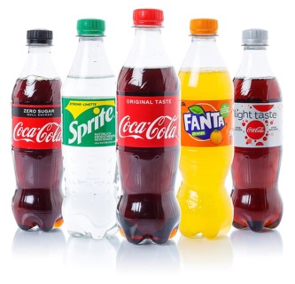 Coca Cola Coca-Cola Fanta Sprite Lemonade Soft Drink Drinks in Plastic Bottles cut-out isolated against a white background