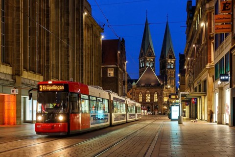 Tram AEG Adtranz GT8N tram local transport at the stop Obernstrasse in Bremen