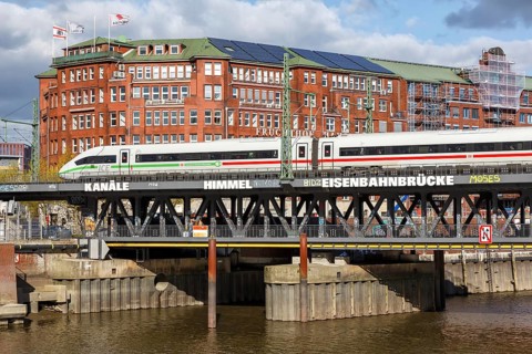 ICE 4 train of Deutsche Bahn DB on the Oberhafen bridge in Hamburg