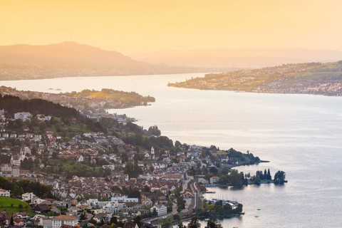 View at sunset from Feusisberg across Lake Zurich to Zurich