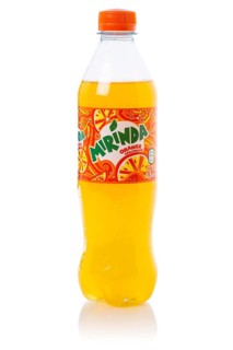 Mirinda lemonade soft drink beverage in a plastic bottle cut-out isolated against a white background