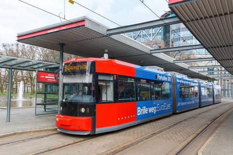 Tram AEG Adtranz GT8N tram local traffic at the airport stop in Bremen