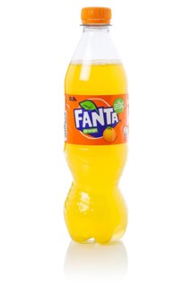 Fanta Orange lemonade soft drink beverage in a plastic bottle cut-out isolated against a white background