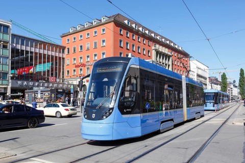 Tram Tram Siemens Avenio train local transport at the main station in Munich