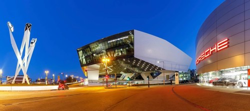 Porsche Museum Zuffenhausen art work modern architecture panorama in Stuttgart