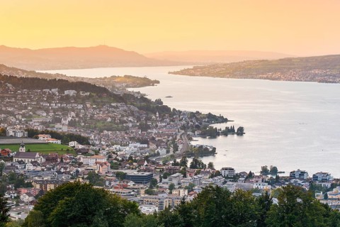 View at sunset from Feusisberg across Lake Zurich to Zurich