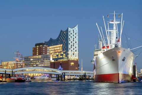Landungsbruecken with museum ship Cap San Diego at Ueberseebruecke and Elbe Philharmonic Hall