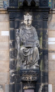 Sculpture of Charlemagne on the facade of St. Peter's Cathedral