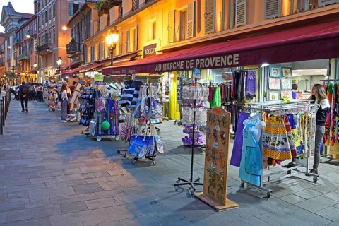 Evening hustle and bustle with restaurants and market stalls on the Cours Saleya