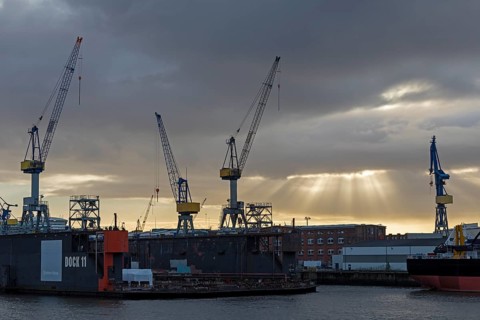 Blohm + Voss shipyard in the morning backlight
