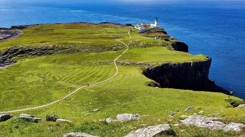 View from above the peninsula and Neist Point lighthouse